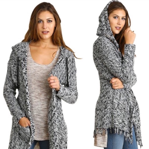 Umgee Sweaters - Umgee • Black White Hooded Long Fringe Cardigan